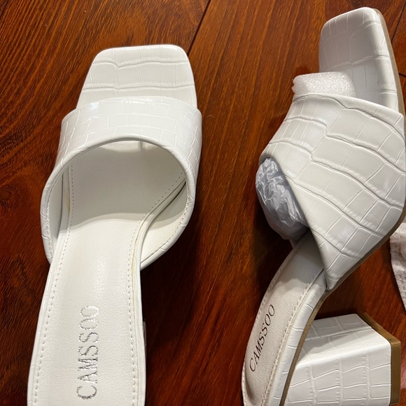 CAMSSOO Women's Heeled Mules Square Open Toe Sandals Flip Flops Slip On Chunky 7 - Picture 8 of 11